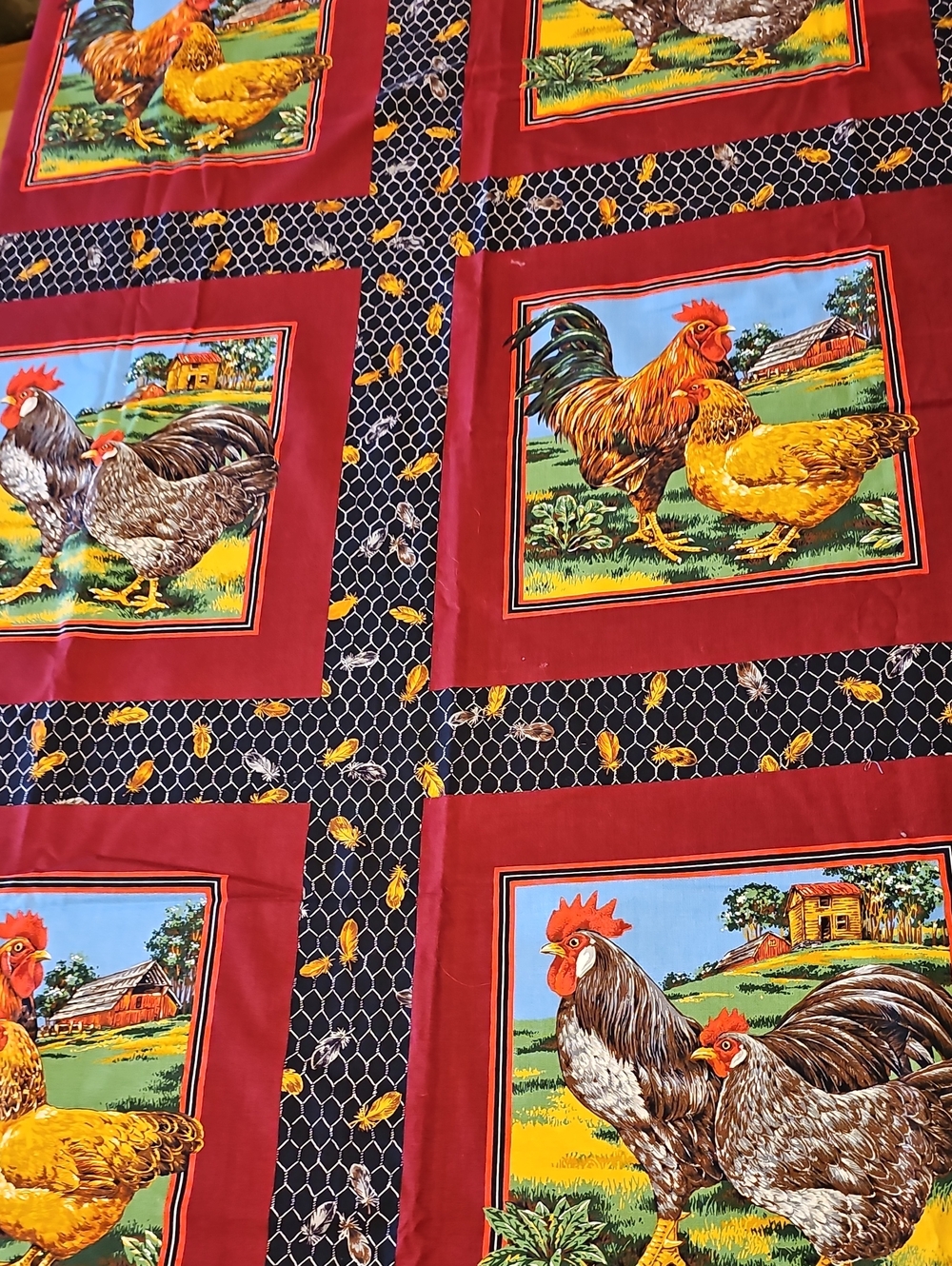 Rooster & Hen Kitchen Fabric in Red & Black